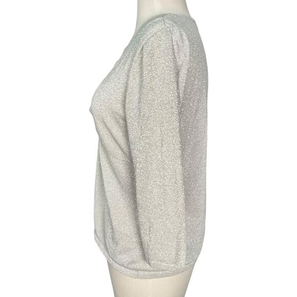 August Silk Silver Metallic Knit Top Large V Neck 3/4 Sleeve Holiday Party Lux - Picture 3 of 11